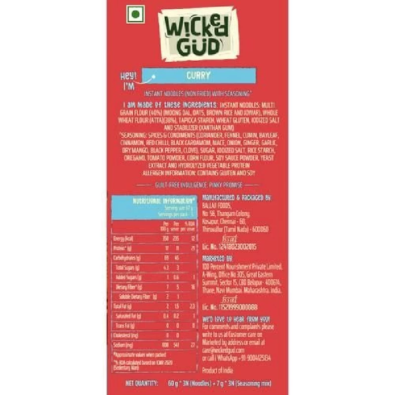 WickedGud Curry Nourishing Instant Noodles (Noodles 3 x 60 g & Seasoning Mix 3 x 7 g) - Image 8