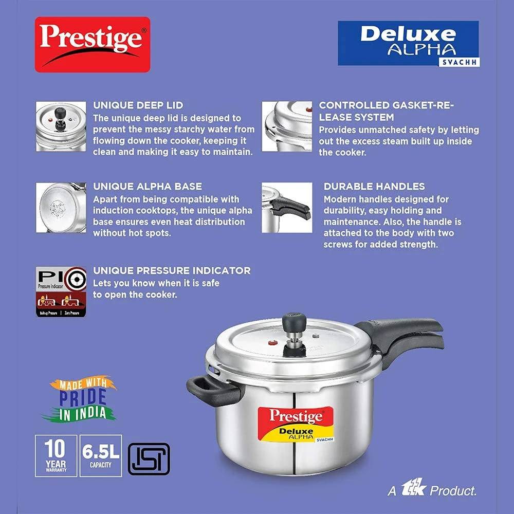 Prestige Deluxe Alpha Svachh Induction Base Outer Lid Stainless Steel Pressure Cooker - Image 3