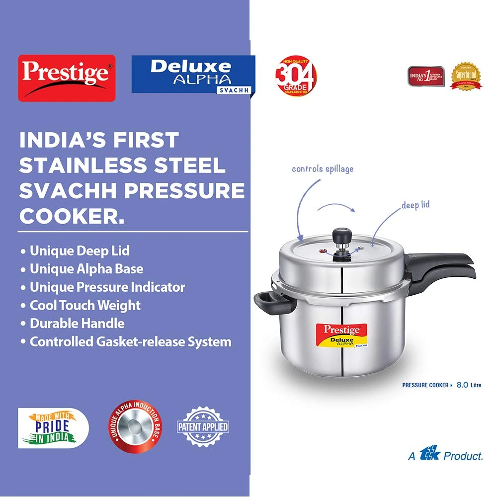 Prestige  Svachh Deluxe Alpha Induction Base Outer Lid Stainless Steel Pressure Cooker - Image 3