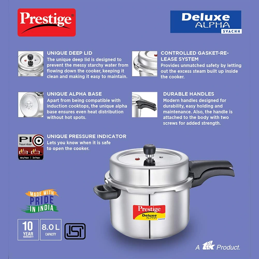 Prestige  Svachh Deluxe Alpha Induction Base Outer Lid Stainless Steel Pressure Cooker - Image 4