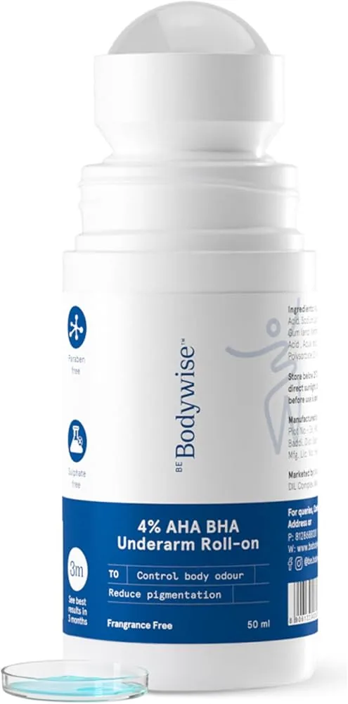 BeBodywise 4% AHA BHA Underarm Roll On | Fragrance-Free Deodorant | Odor Control and Pigmentation Correction