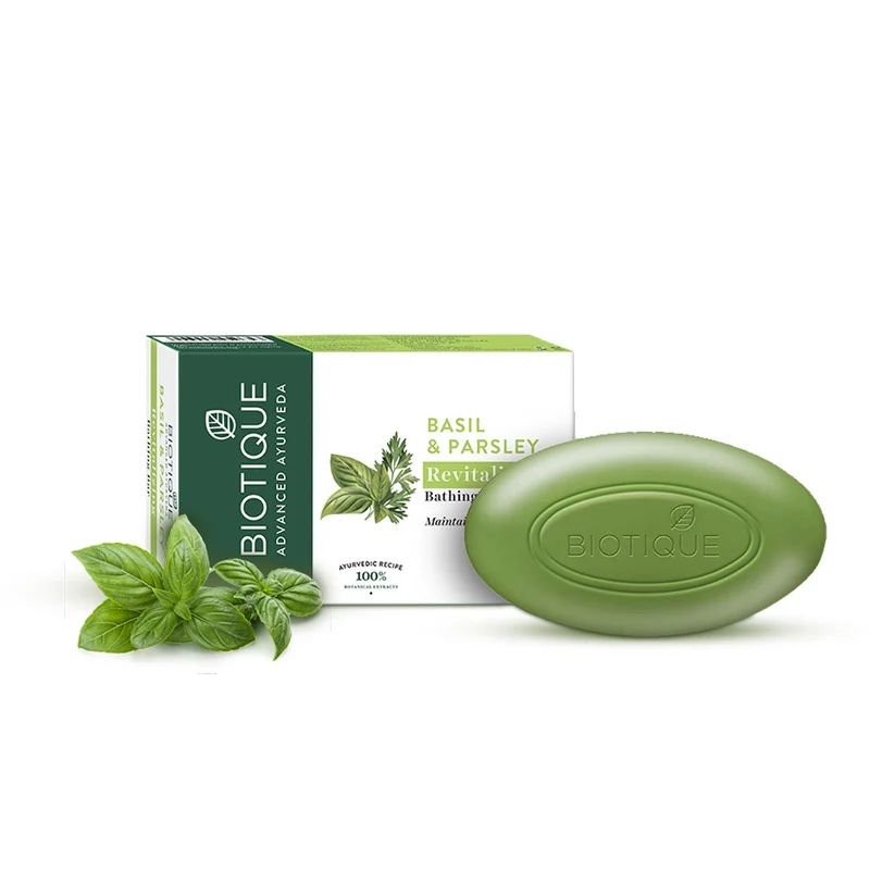 Biotique Advanced Ayurveda Bio Basil & Parsley Revitalizing Body Soap | Ayurvedic Cleanser | pH Balanced Formula Biotique Advanced Ayurveda Bio Basil & Parsley Revitalizing Body Soap | Ayurvedic Cleanser | pH Balanced Formula - 150 gm