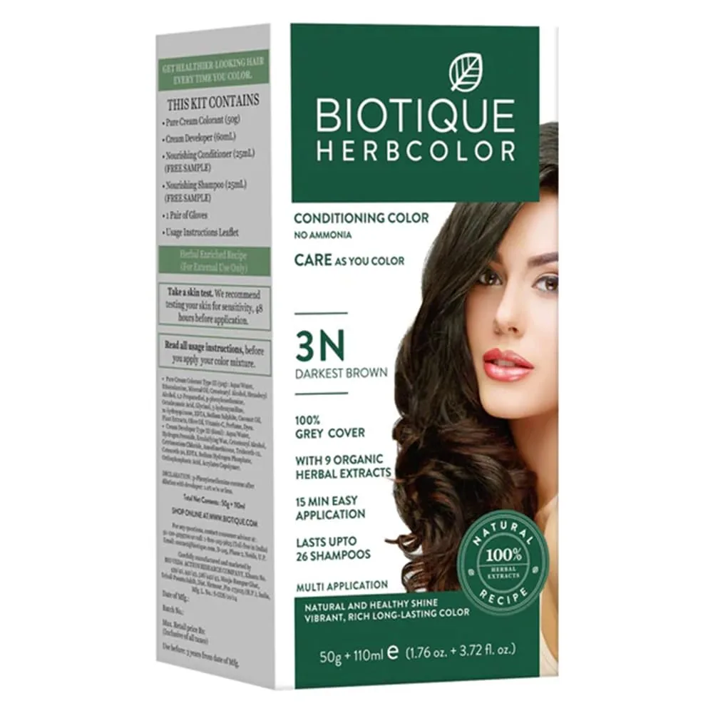Biotique Herbcolor 3N Darkest Brown | Botanical Hair Color Cream | Natural Shine and Nourishment 50 gm + 110 ml