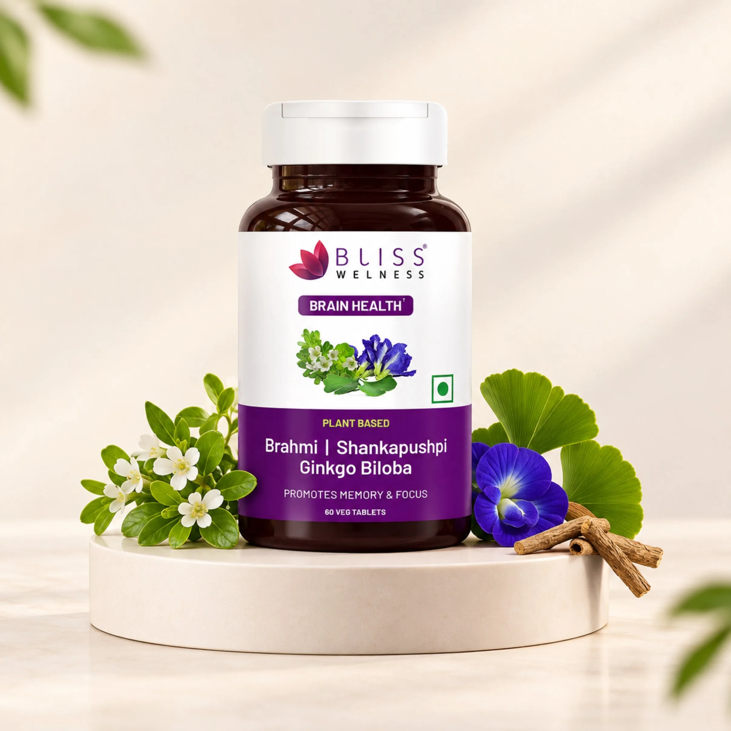 Bliss Welness Brahmi Shankpushpi Ginkgo Biloba Tablets | Natural Brain Booster | Nootropic Supplement for Memory and Focus 60 Tablets
