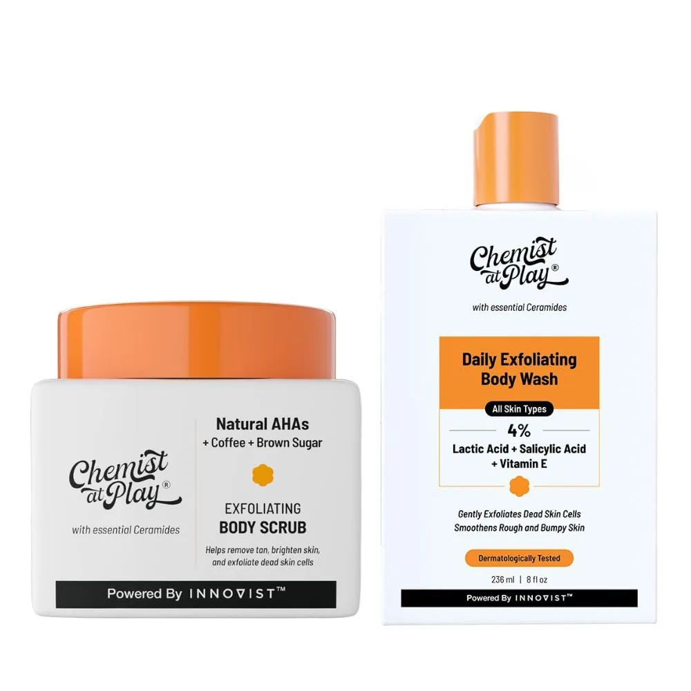 Chemist At Play Exfoliating Body Wash + Exfoliating Body Scrub For Tan Removal Combo | Dual-Action Body Care | Smooth & Even Skin Tone 236 ml + 75 gm