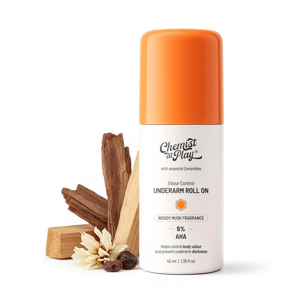 Chemist at Play UnderArm Roll On Woody Musk | Exfoliating Deodorant | Odour Protection & Skin Brightening 40 ml
