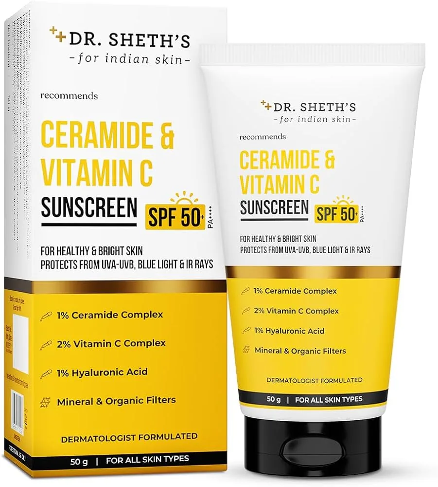 Dr. Sheth's Ceramide & Vitamin C Sunscreen | SPF 50+ PA+++ Sun Protection | Hydrating & Brightening Daily Sunscreen