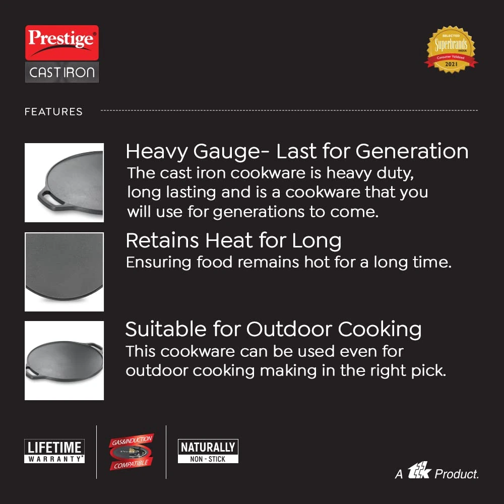 Prestige 30 cm Cast Iron Dosa Tawa Induction and Gas Stove Compatible - Image 4